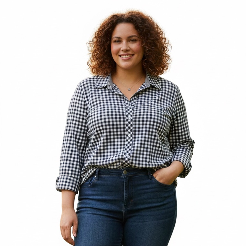 Talbots Women's 1X Black White Gingham Button Down Shirt 23x27 Long Sleeve
